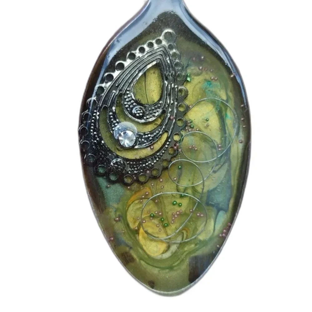 Vintage Handmade Silver Bent Spoon Resin Pendant 2.75